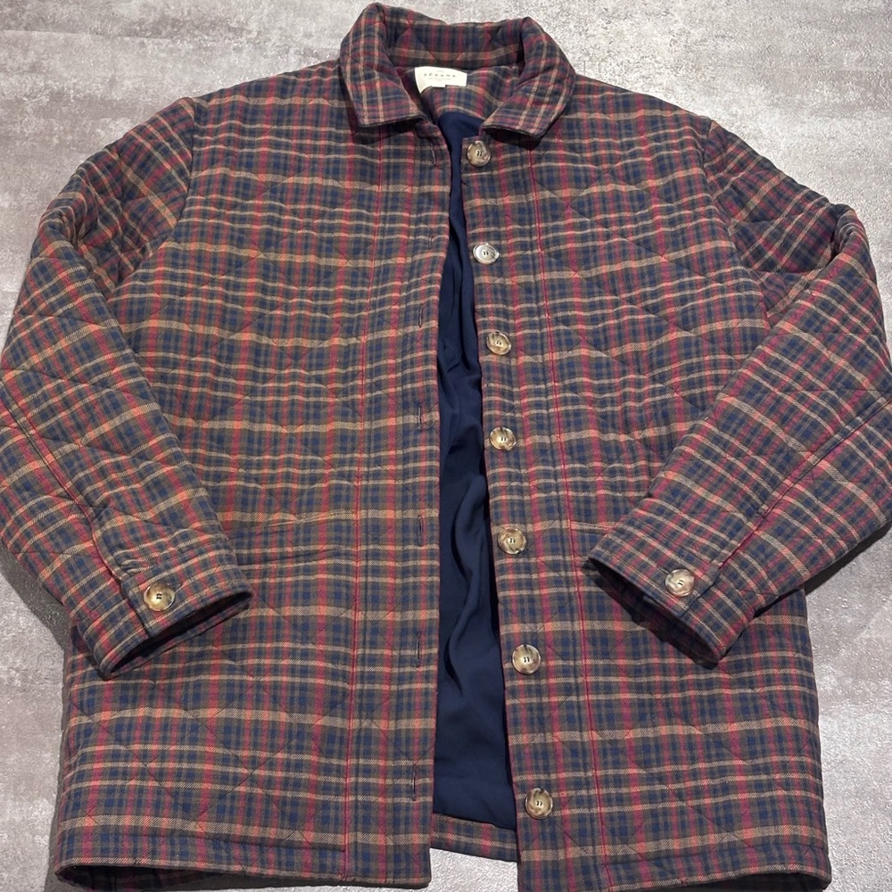 Sezane Navy and Red Plaid Utility Jacket